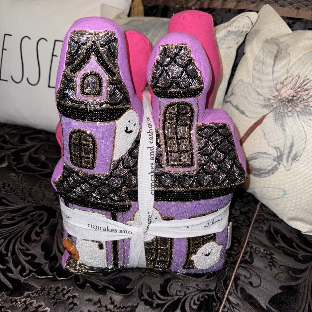 Cupcakes and Cashmere Haunted House Pillows Pink Purple Beaded Set of 2